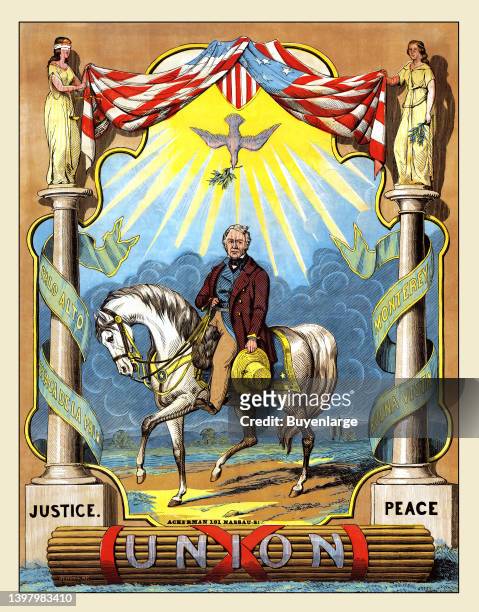 Color campaign poster for Democratic nominee Zachary Taylor. The victorious Mexican War general is shown mounted on a white charger. He holds a...