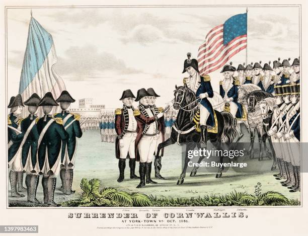 Surrender of Cornwallis: at York-Town Va. Oct. 1781. Print shows Major General O'Hara, surrounded by French and American soldiers handing his sword...
