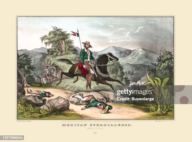 Print shows a Mexican guerrilla holding a long pike, riding on horseback, leaping over rocks where another guerrilla has been slain; further up the...