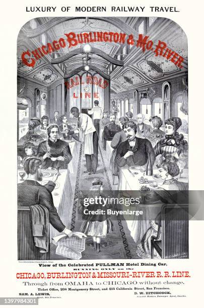 Poster advertising the Chicago Burlington & Missouri River Railroad line. Shows the interior of a pullman hotel dining car fulled with men, women and...