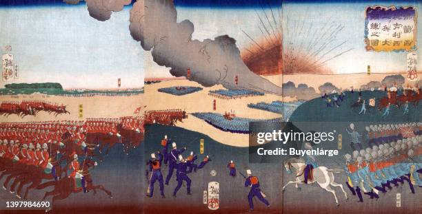 Maneuvers of French & English soldiers. Tsukioka Yoshitoshi was a Japanese artist. He is widely recognized as the last great master of the ukiyo-e...