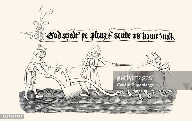 Miniatture from an ancient Anglo-saxon manuscript published by Shaw, "God Spede ye Plough and send us korne enow." Plate from Manners Customs and...