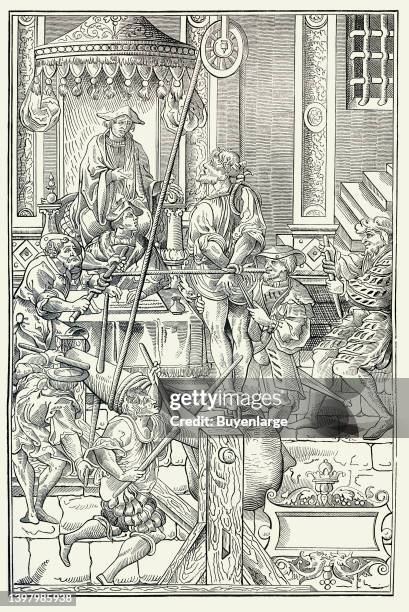 The Estrapade, or Question Extraordinary. Woodcut in Praxis Criminis Persequendi by J. Millaeus, 1541. Plate from Manners Customs and Dress During...