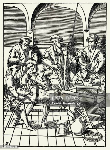The Water Torture. Woodcut from Praxis Rerum Criminalium by J. Damhoudere. 1556. Plate from Manners Customs and Dress During the Middle Ages by Paul...