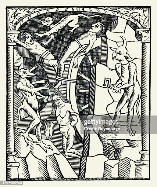 Demons Applying the Torture of the Wheel from the woodcut, Grand Kalendrier ou Compst des Bergers. 1529. Plate from Manners Customs and Dress During...