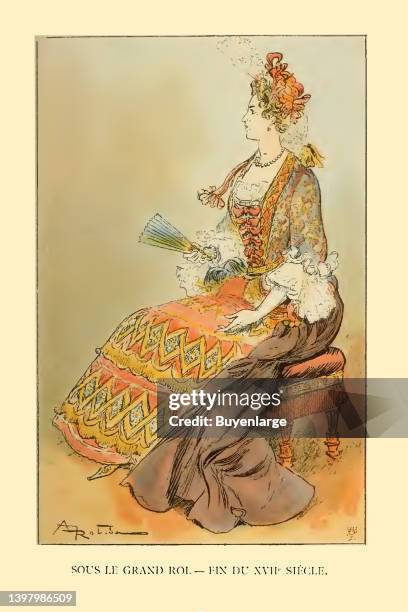 French fashion plate from the book, "Madames Nos Aieules dix siecles D'elegances" Printed in Paris, 1891. Artist A. Robida, 1891