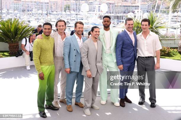 Greg Tarzan Davis, Lewis Pullman, Glen Powell, Danny Ramirez, Jay Ellis, Jon Hamm and Miles Teller attend a cast photo call for "Top Gun: Maverick"...