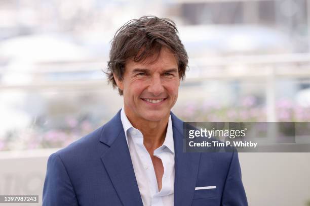 Tom Cruise attends a cast photo call for "Top Gun: Maverick" during the 75th annual Cannes film festival at Palais des Festivals on May 18, 2022 in...