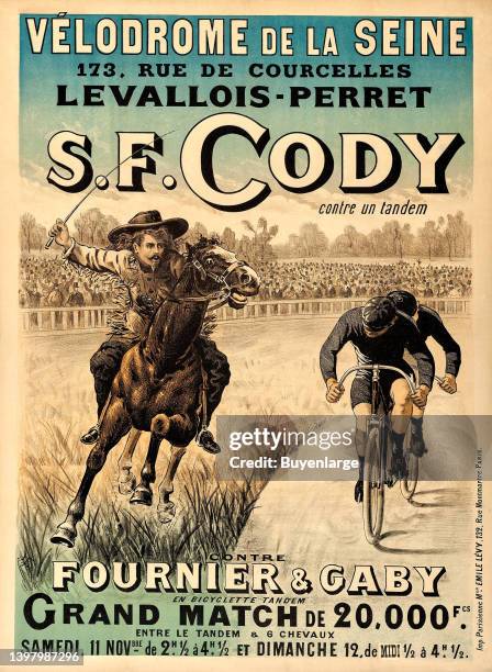 Cody Wild West Show . French poster for a race between a tandem bicycle and a cowboy on horseback. Artist unknown, 1893