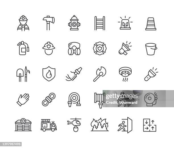 feuerwehrliniensymbole bearbeitbarer strich - firefighter's helmet stock-grafiken, -clipart, -cartoons und -symbole