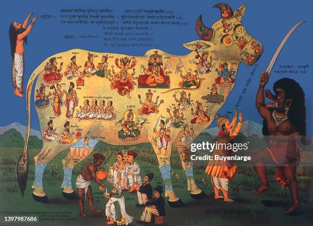 Chaurasi Devataon-wali Gai [Ravi Varma Press - 1897] Holy cow and the panacea of Indian mythological dieties. Artist unknown, 1897