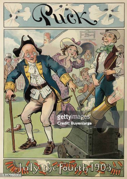 Illustration shows a crowd of people wearing colonial dress gathered around an old man who is firing off a cannon during the Fourth of July...