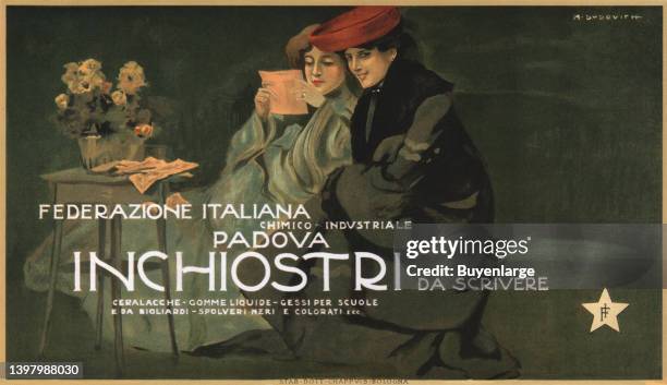 Two women read letters with gleams in their eyes. An advertising poster for an ink manufacturer from Padova, Italy. Artist Marcello Dudovich, 1902