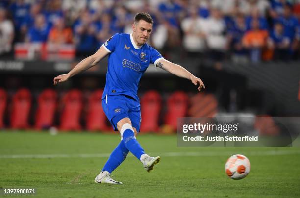 Aaron Ramsey of Rangers has their side's fourth penalty saved during the penalty shoot out during the UEFA Europa League final match between...