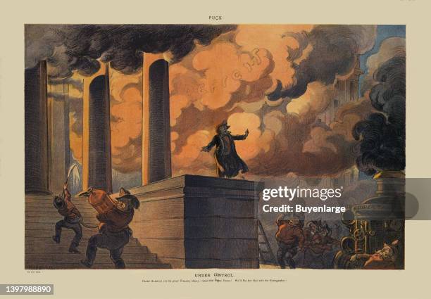 Illustration shows Nelson W. Aldrich as a fire chief telling fire fighters Stephen B. Elkins, Joseph G. Cannon, Sereno E. Payne, and Jacob H....