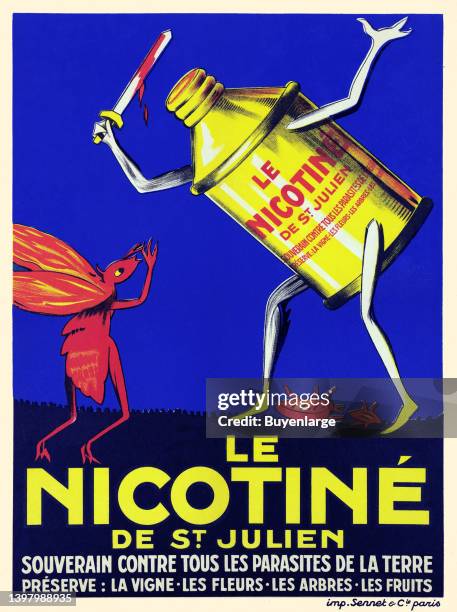 Can of the insecticide Le Nicotiné de St. Julien attacks insects with a sword and kills them. "Le Nicotiné de St. Julien. Souverain contre tous les...