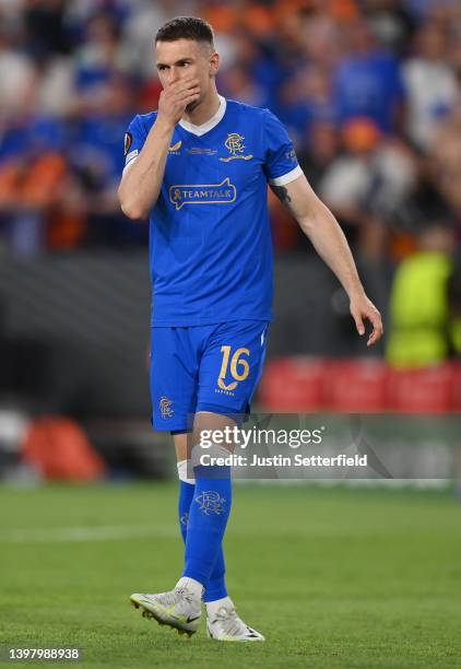 Aaron Ramsey of Rangers looks dejected after having their side's fourth penalty saved during the penalty shoot out during the UEFA Europa League...