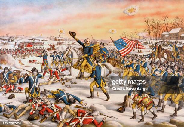 Louis Kurz , "Battle of Princeton", published in Chicago in 1911. A chromolithograph depicting this Revolutionary War battle. General Washington is...