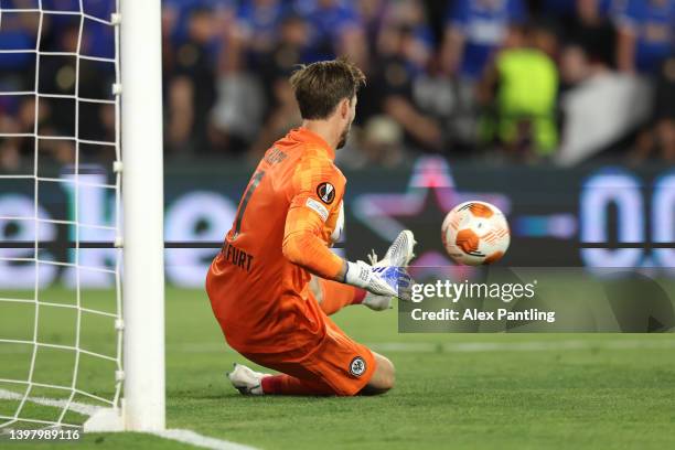 Kevin Trapp of Eintracht Frankfurt saves the fourth penalty from Aaron Ramsey of Rangers in the penalty shoot out during the UEFA Europa League final...