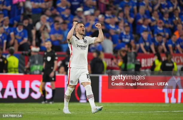 Filip Kostic of Eintracht Frankfurt celebrates scoring their team's fourth penalty in the penalty shoot out during the UEFA Europa League final match...