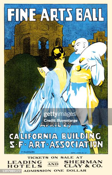 Fine Arts Ball poster. Colored lithograph image of back side of woman in flowing blue dress, holding white paper and looking at right towards man in...