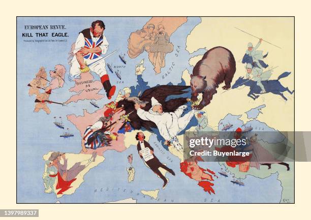 European-Revue-Kill-That-Eagle-1914. Cartoon map of Europe at the beginning of World War I. The map is showing Austria-Hungary at the centre,...