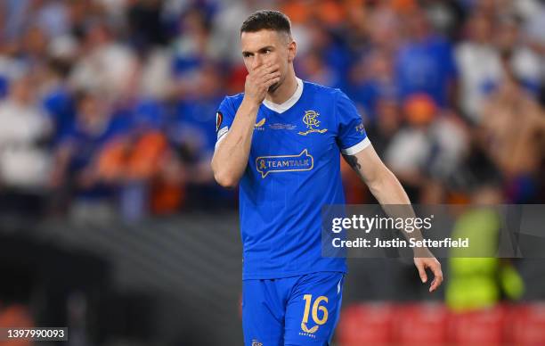 Aaron Ramsey of Rangers looks dejected after having their side's fourth penalty saved during the penalty shoot out during the UEFA Europa League...