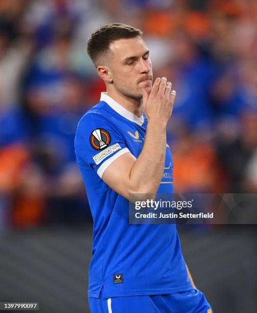 Aaron Ramsey of Rangers reacts after having their side's fourth penalty saved during the penalty shoot out during the UEFA Europa League final match...