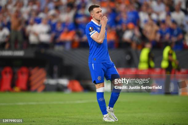 Aaron Ramsey of Rangers reacts after having their side's fourth penalty saved during the penalty shoot out during the UEFA Europa League final match...