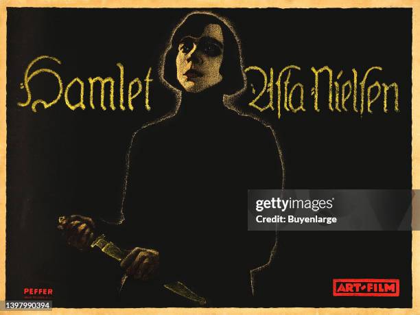 Movie poster showing Danish actress Asta Nielsen in the silent film Hamlet. 1921. Art by Franz Peffer and reproduced by the Meissner & Buch printing...