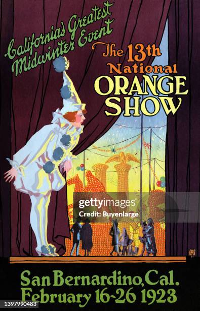 California's greatest midwinter event the 13th National Orange Show, San Bernardino, Cal., Feb. 16-26 1923. Shows stage, female clown, orange...