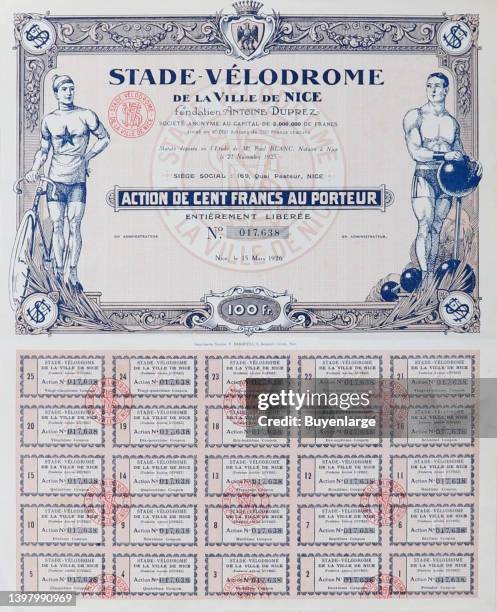 Bonds. ‘Stade-Velodrome de la Ville de Nice Bond’ Lithographic poster printed by: Niçoise, V. Berretta, S. Decentre Crotti, Nice. Artist: Anonymous....