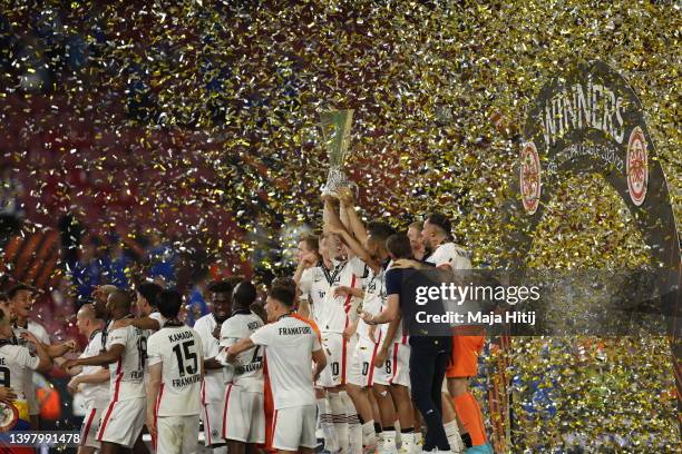 Sebastian Rode of Eintracht Frankfurt lifts the UEFA Europa League Trophy following their team's victory in the UEFA Europa League final match...