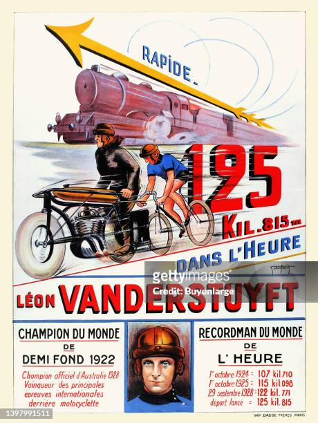 Sport poster published to celebrate the sporting achievement of the Belgian cyclist Leon Vanderstuyft , who cycled a world record 125 kilometres and...