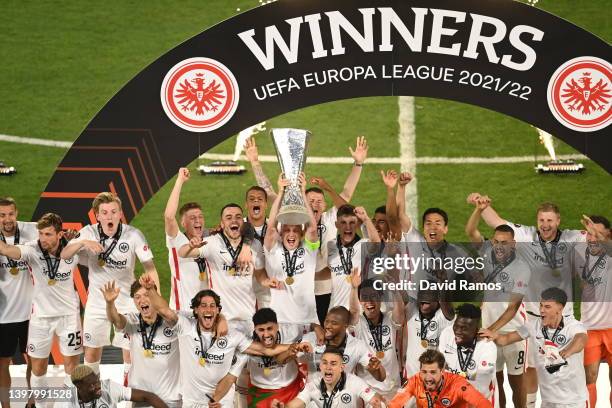 Sebastian Rode of Eintracht Frankfurt lifts the UEFA Europa League Trophy following their team's victory in the UEFA Europa League final match...