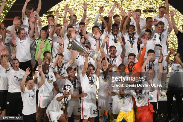 Goncalo Paciencia of Eintracht Frankfurt lifts the UEFA Europa League Trophy following their team's victory in the UEFA Europa League final match...