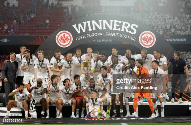 Sebastian Rode of Eintracht Frankfurt lifts the UEFA Europa League Trophy following their team's victory during the UEFA Europa League final match...