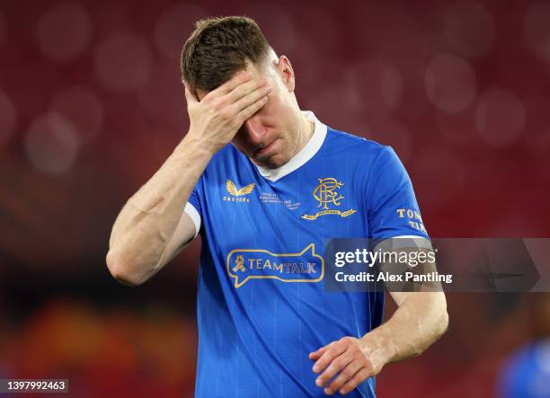 Aaron Ramsey of Rangers looks dejected following their sides defeat in the UEFA Europa League final match between Eintracht Frankfurt and Rangers FC...