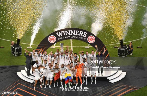 Sebastian Rode of Eintracht Frankfurt lifts the UEFA Europa League Trophy following their team's victory in the UEFA Europa League final match...