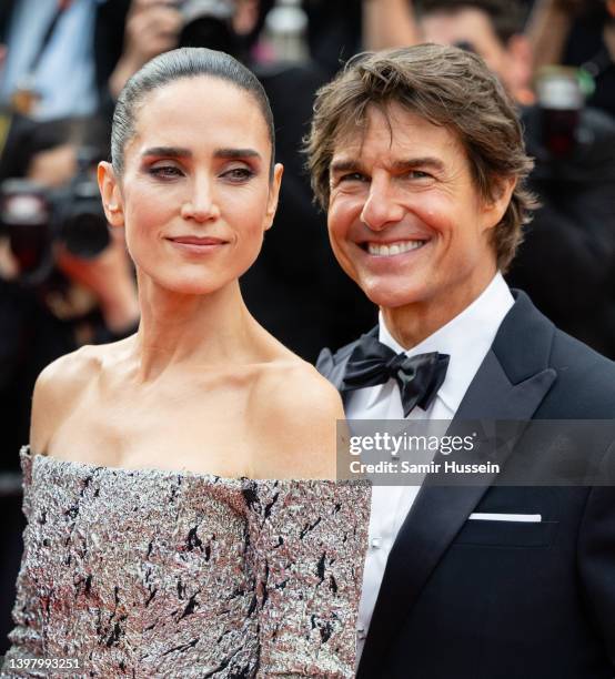 Tom Cruise and Jennifer Connelly attend the screening of "Top Gun: Maverick" during the 75th annual Cannes film festival at Palais des Festivals on...