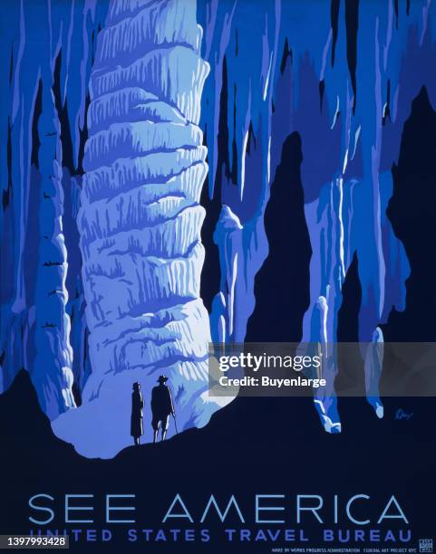 Poster for the United States Travel Bureau promoting tourism, showing two people in caverns. Artist Alexander Dux, 1939