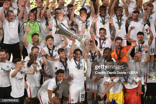 Goncalo Paciencia of Eintracht Frankfurt lifts the UEFA Europa League Trophy following their team's victory during the UEFA Europa League final match...