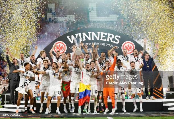 Sebastian Rode of Eintracht Frankfurt lifts the UEFA Europa League Trophy following their team's victory during the UEFA Europa League final match...