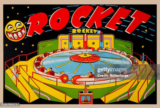 S art deco poster promoting the "Moon Rocket" carnival ride. Artist unknown, 1940