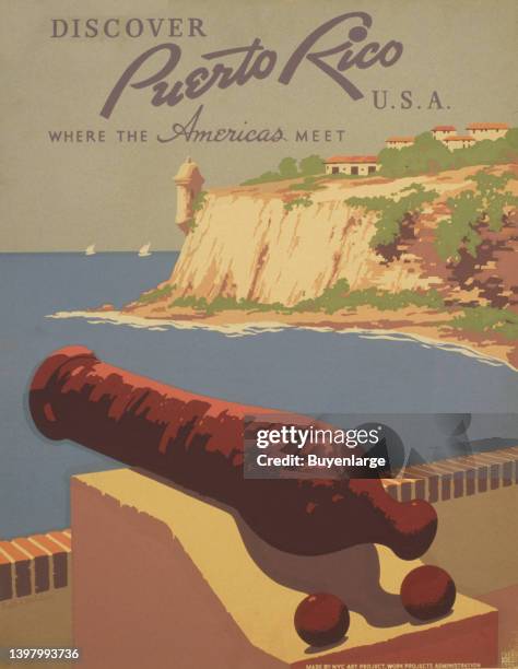 Discover Puerto Rico U.S.A. Where the Americas meet. Art by Frank S. Nicholson. Poster promoting Puerto Rico for tourism, showing view of harbor from...