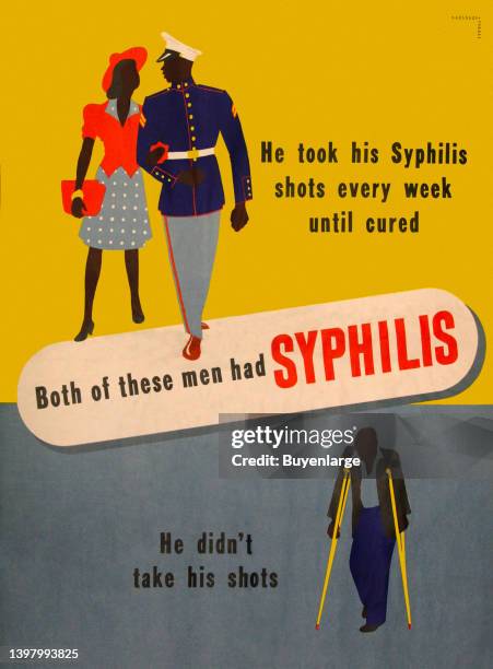 World War II-era poster showing the risk of not taking syphilis shots. Artist Karsakov & Ferree, 1942