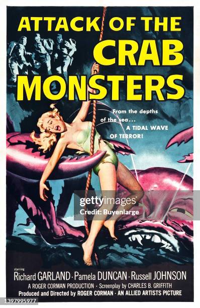 Attack of the Crab Monsters . A group of scientists, stranded on a desert island, are confronted by huge telepathic crabs. With the island shrinking...