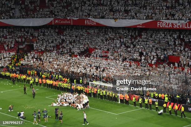 General view inside the stadium as the players of Eintracht Frankfurt celebrate winning the UEFA Europa League in front of their fans following the...