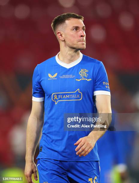 Aaron Ramsey of Rangers looks dejected following their side's defeat in the UEFA Europa League final match between Eintracht Frankfurt and Rangers FC...