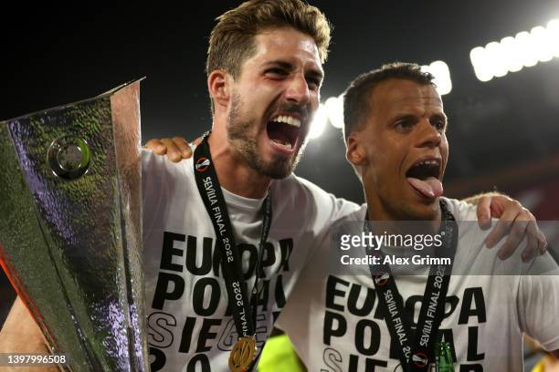 Kevin Trapp and Timmy Chandler of Eintracht Frankfurt celebrate with the UEFA Europa League Trophy following their sides victory in the UEFA Europa...